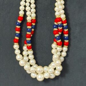 2/$20 White/Red/Gold/Blue Beaded Necklace 3 Strand Gold Tone Clasp Vintage